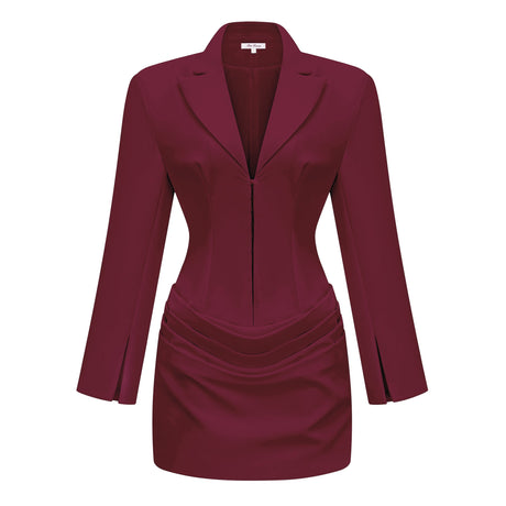 Aurohaya Rosette Burgundy Ruched Blazer Mini Dress