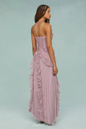 Aurohaya Véronique Ruffle Halter-Neck Pleated Maxi Dress