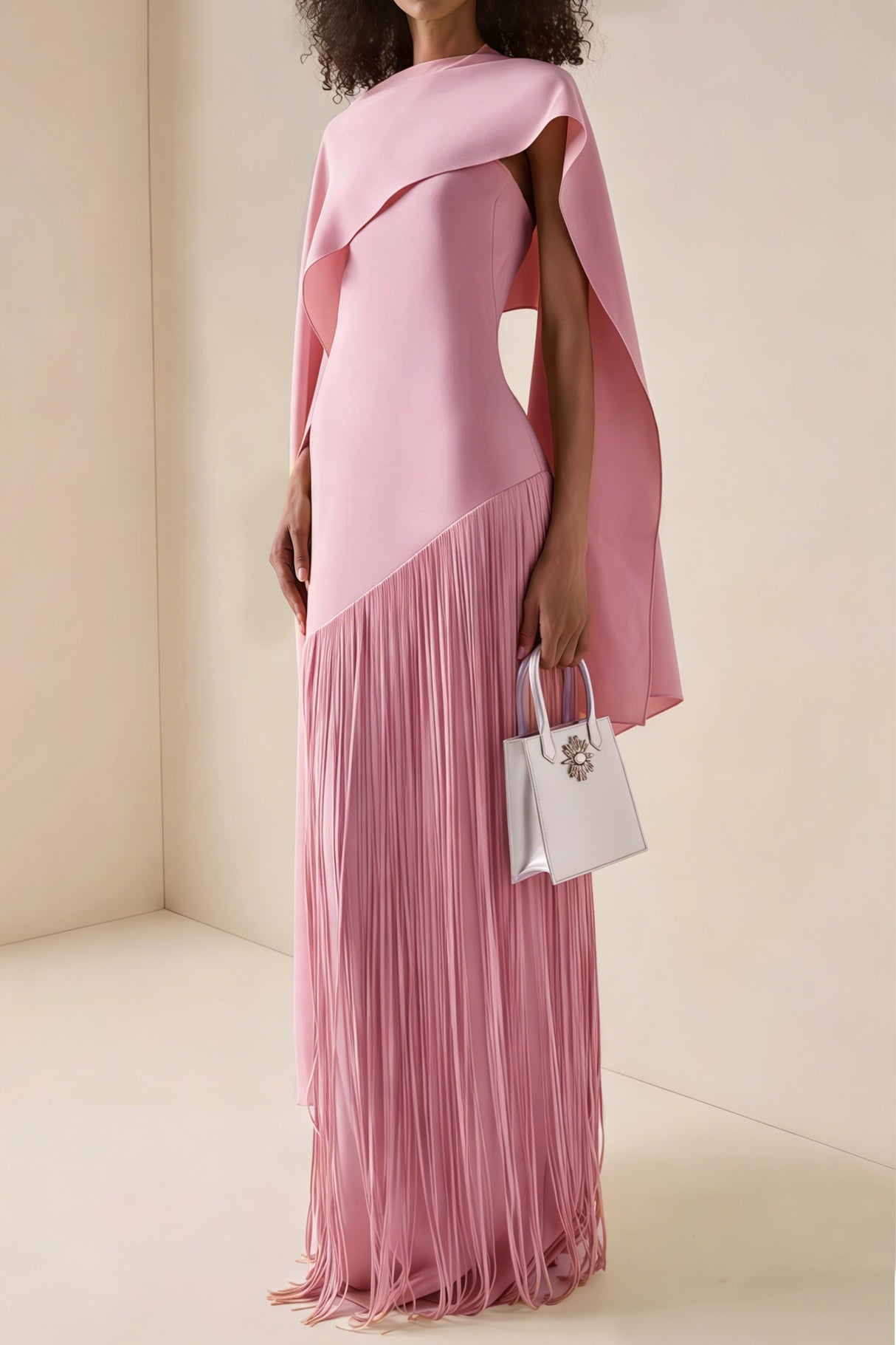 Aurohaya Cayetana Pink Fringe Maxi Dress with Cape Effect