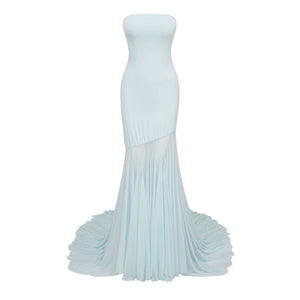 Aurohaya Josiane Blue Off-shoulder Sheer Tulle Maxi Dress