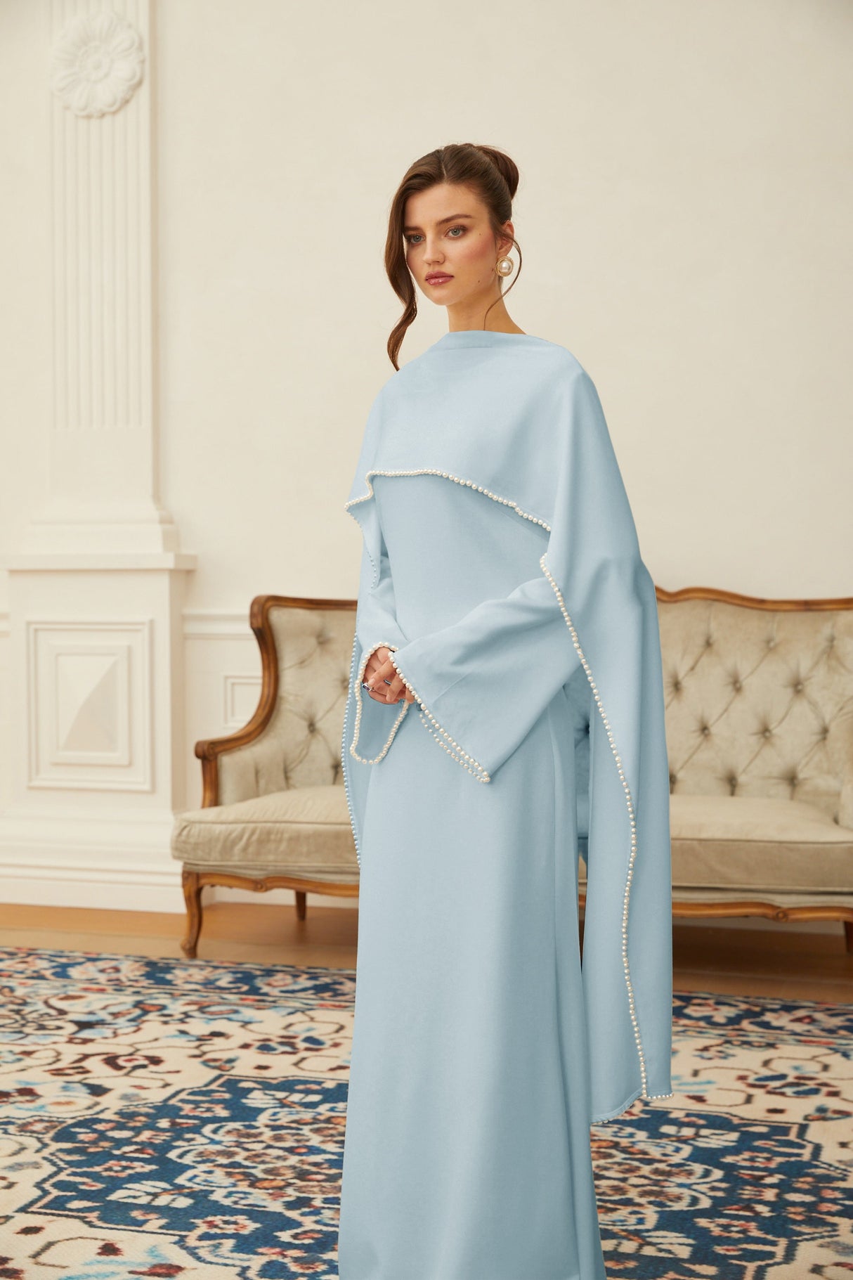Aurohaya Piroska Blue Pearl Trim Shawl Detail Maxi Dress