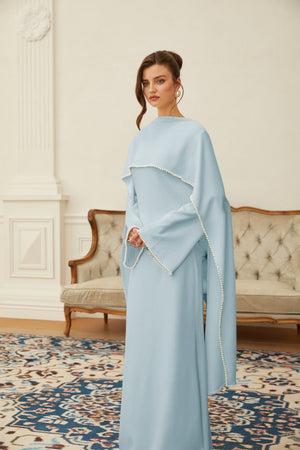Aurohaya Piroska Blue Pearl Trim Shawl Detail Maxi Dress