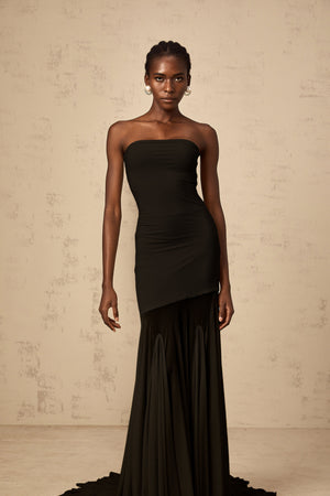 Aurohaya Josiane Black Off-shoulder Sheer Tulle Maxi Dress