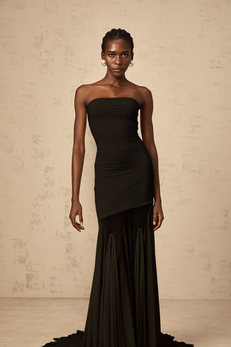Aurohaya Josiane Black Off-shoulder Sheer Tulle Maxi Dress