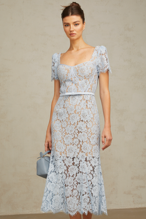 Aurohaya Audrey blue floral-lace boned midi dress
