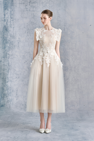 Aurohaya Annabelle Flower-appliqué Tulle Midi Dress (Without Belt)