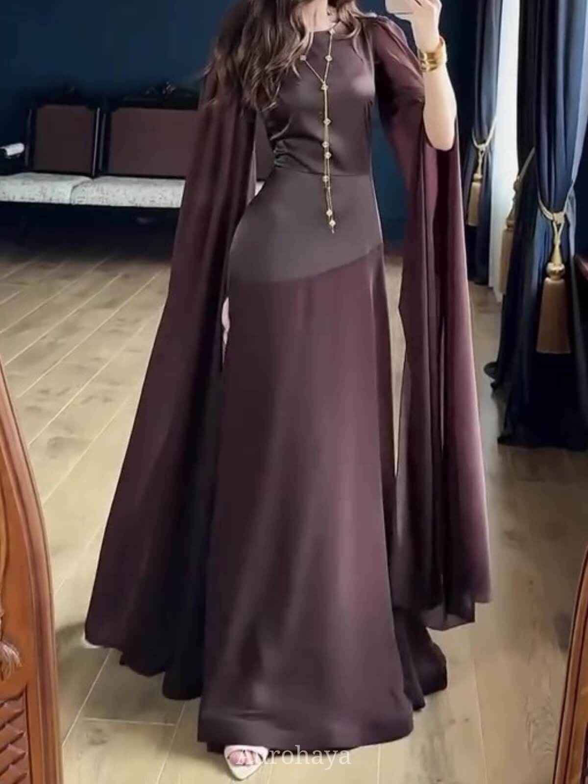 Round Neck Long Split Slit Sleeve Maxi Dress, DES104