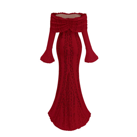 Aurohaya Émeline floral lace train-design maxi dress in Red