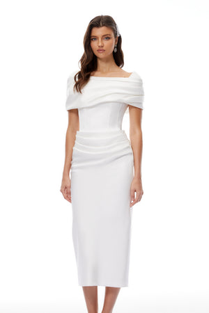 Aurohaya Solara White Draped Midi Dress