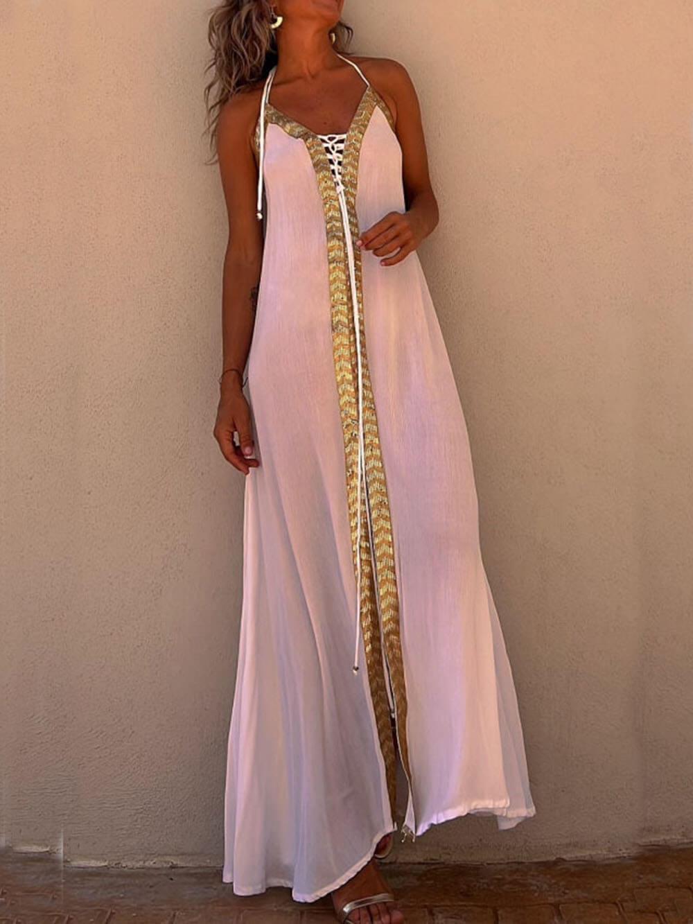 Aurohaya Halter Neck Casual Resort Maxi Dress Light Pink