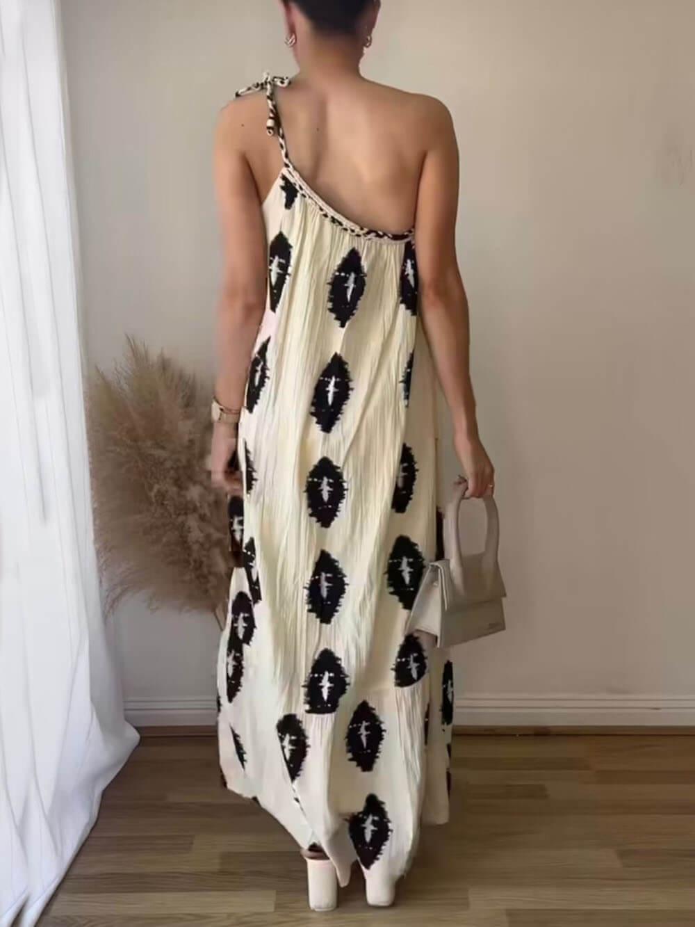 Aurohaya Sunshine Ethnic Print One Shoulder Loose Maxi Dress