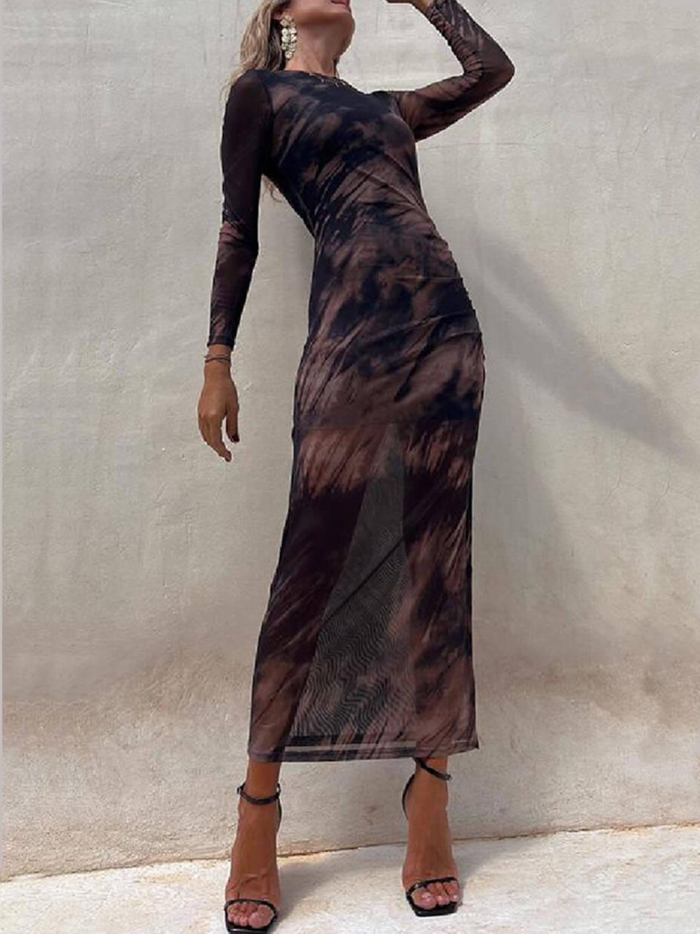 Aurohaya Charm Lady Mesh Overlay Tie Dye Print Long Sleeve Ruched Stretch Midi Dress