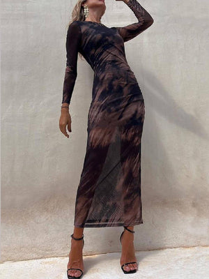 Aurohaya Charm Lady Mesh Overlay Tie Dye Print Long Sleeve Ruched Stretch Midi Dress