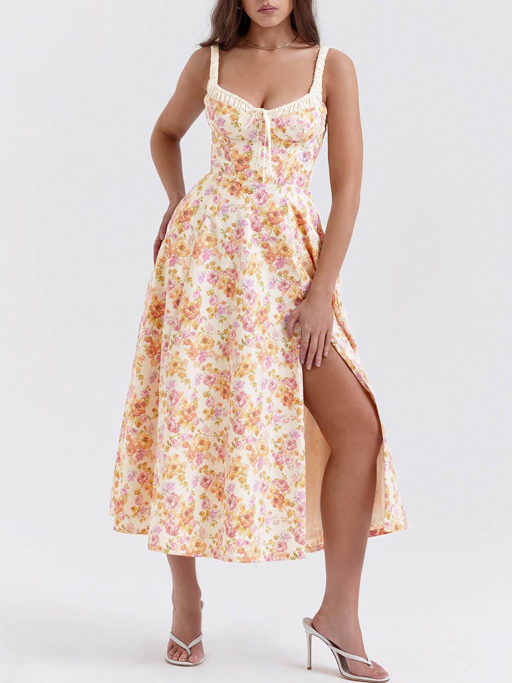 Aurohaya Suspender Patchwork Printed Lace-Up Midi Dress