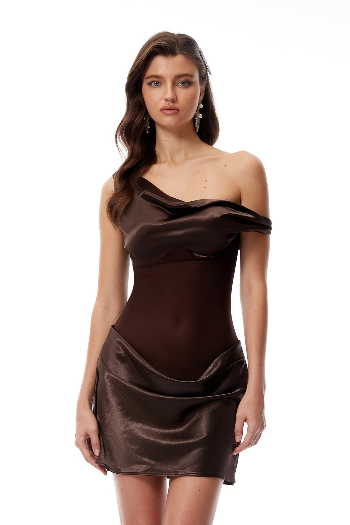 Aurohaya Pernilla Brown One Shoulder Satin Mini Dress