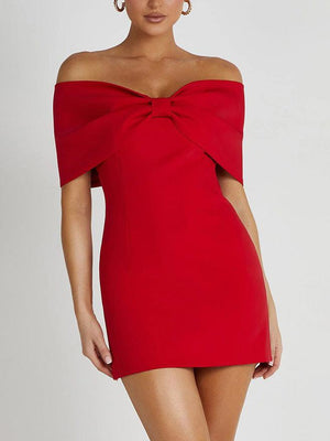 Aurohaya Elegant Off Shoulder Bow Mini Dress Red