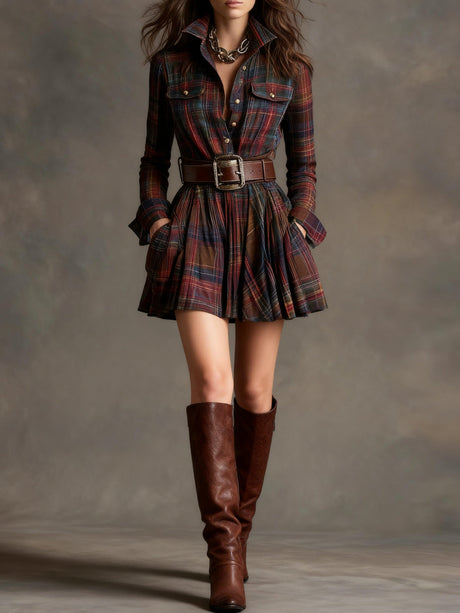 Aurohaya Vintage Lapel Red and Brown Plaid Mini Dress Reddish brown