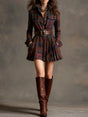 Aurohaya Vintage Lapel Red and Brown Plaid Mini Dress Reddish brown