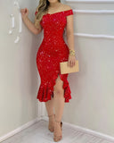 Glitter Off Shoulder Ruffles Slit Dress