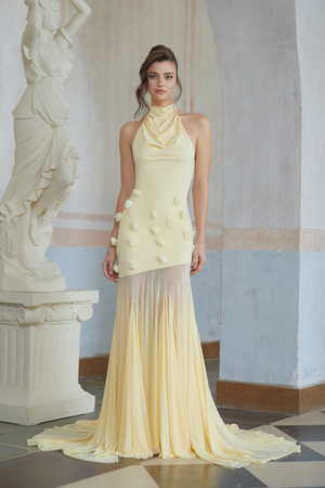Aurohaya Yvette Yellow 3D Petal Mermaid Maxi Dress