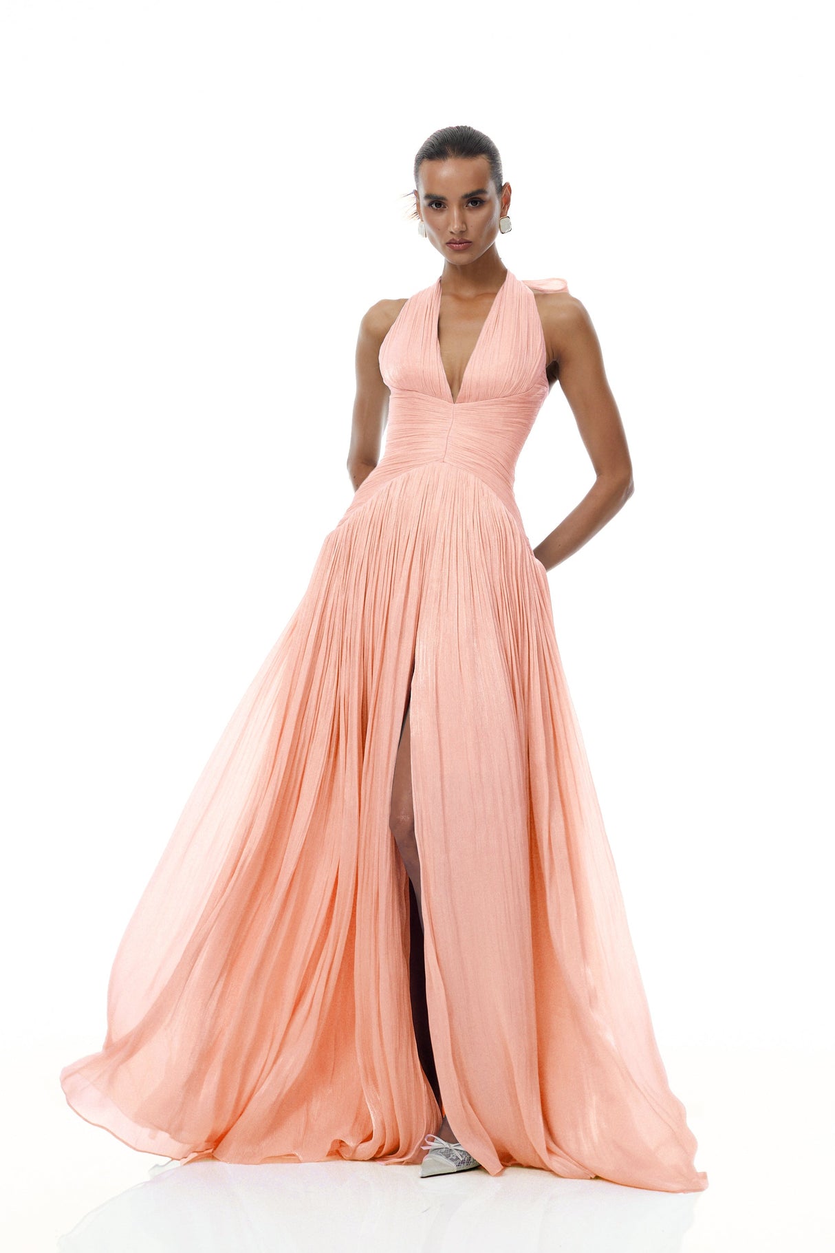 Aurohaya Térébenthine Pink Glossy Gathered Maxi Dress