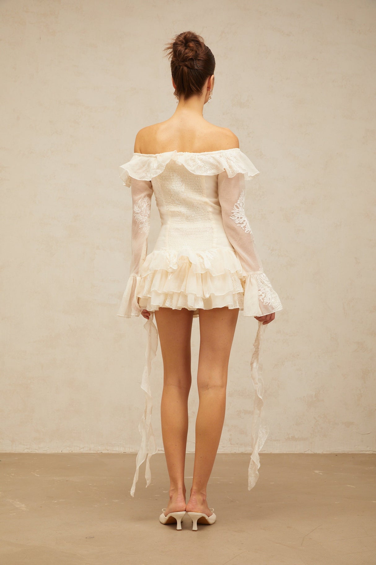 Aurohaya Désirée white off-shoulder embroidered mini dress