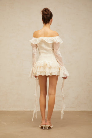 Aurohaya Désirée white off-shoulder embroidered mini dress
