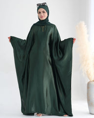 Wrinkled Satin Dark Green Butterfly Abaya Dress