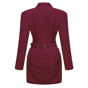 Aurohaya Rosette Burgundy Ruched Blazer Mini Dress