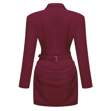 Aurohaya Rosette Burgundy Ruched Blazer Mini Dress