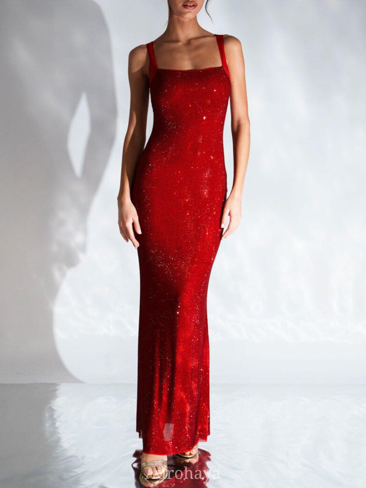 Aurohaya Vespertine Rhinestone Maxi Dress Backless Mesh Evening Gown Wine