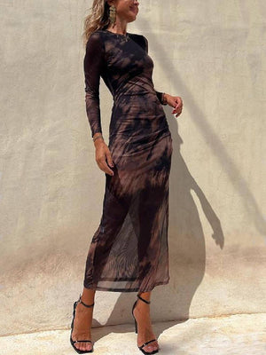 Aurohaya Charm Lady Mesh Overlay Tie Dye Print Long Sleeve Ruched Stretch Midi Dress