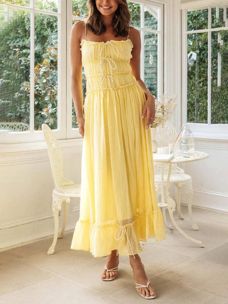 Aurohaya Elegant Off-Shoulder Strap Patchwork Dress Yellow