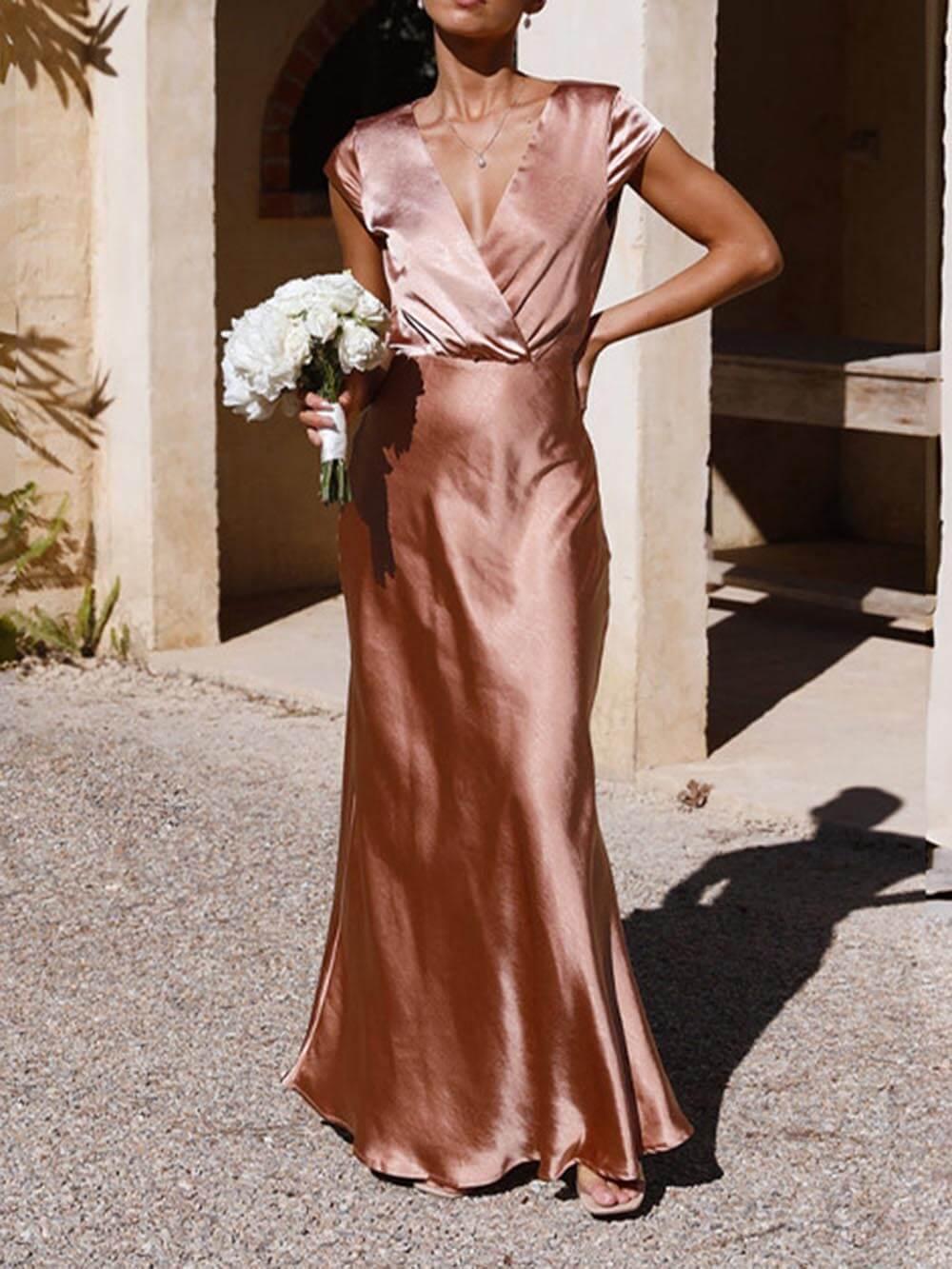 Aurohaya Spring/Summer Satin Solid Color V-Neck Fishtail Party Dress Pink