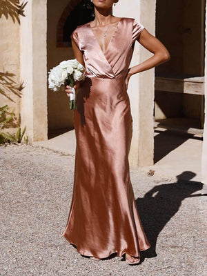 Aurohaya Spring/Summer Satin Solid Color V-Neck Fishtail Party Dress Pink