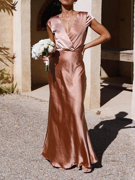 Aurohaya Spring/Summer Satin Solid Color V-Neck Fishtail Party Dress Pink