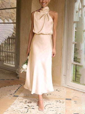 Aurohaya Unique Bridesmaid Sleeveless High Neck Midi Dresses Apricot