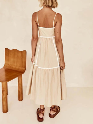 Aurohaya Contrast Color Trim Adjustable Straps Midi Dress