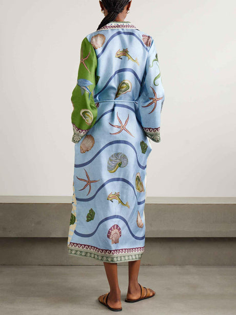 Aurohaya Unique Deep Sea Floral Print Single Breasted Midi Shirt Dress