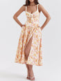 Aurohaya Suspender Patchwork Printed Lace-Up Midi Dress Orange