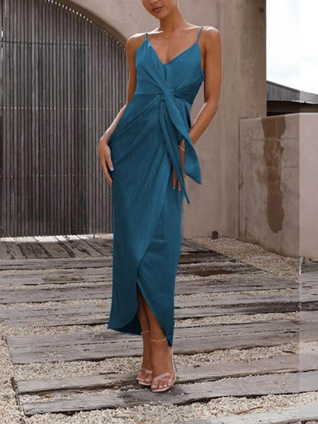 Aurohaya Stylish Unique Strappy French Halter Midi Dresses Navy Blue