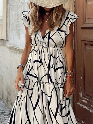Aurohaya Geometric Print V-Neck Ruffled Hem Maxi Dress