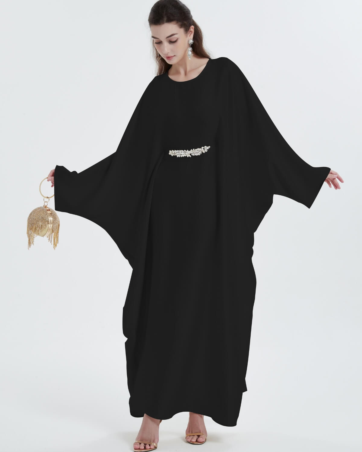 Elegant Satin Maxi Butterfly Abaya Crystal-Embellished Modest Dress