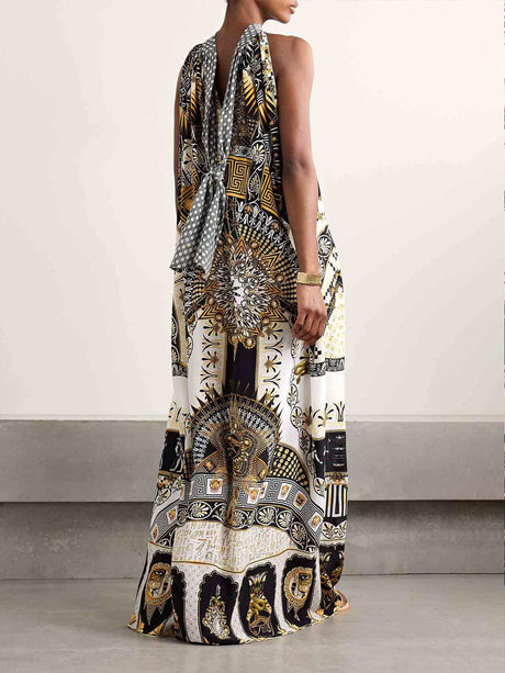 Aurohaya Unique Retro Gorgeous Pattern Print Maxi Dress