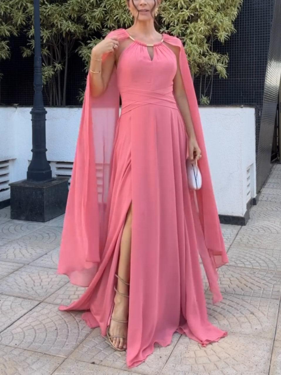 Aurohaya Elegant Cape Sleeve Slit Long Party Maxi Dress