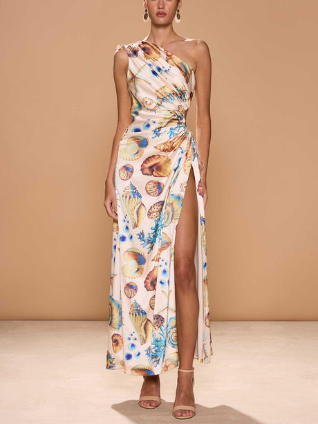 Aurohaya Exquisite Shell Print Side Slit Maxi Dress Cream