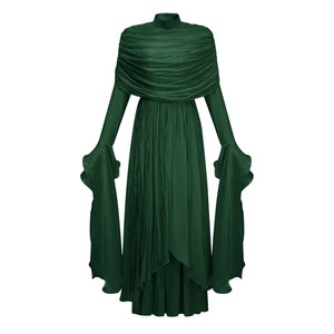 Aurohaya Gustave Green Ruched Cape Ruffled Maxi Dress