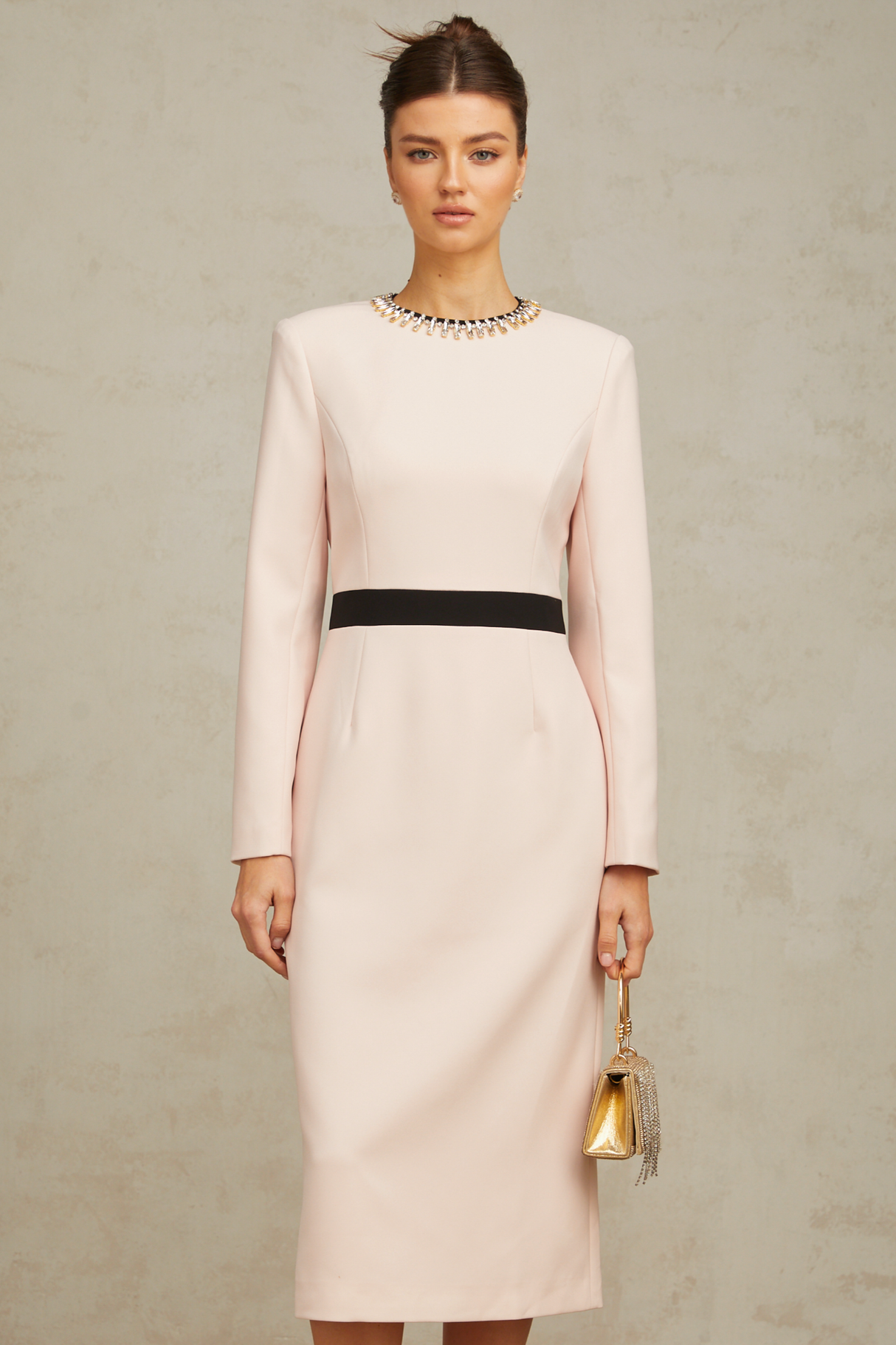 Aurohaya Anaïs pink crystal color-blocked midi dress