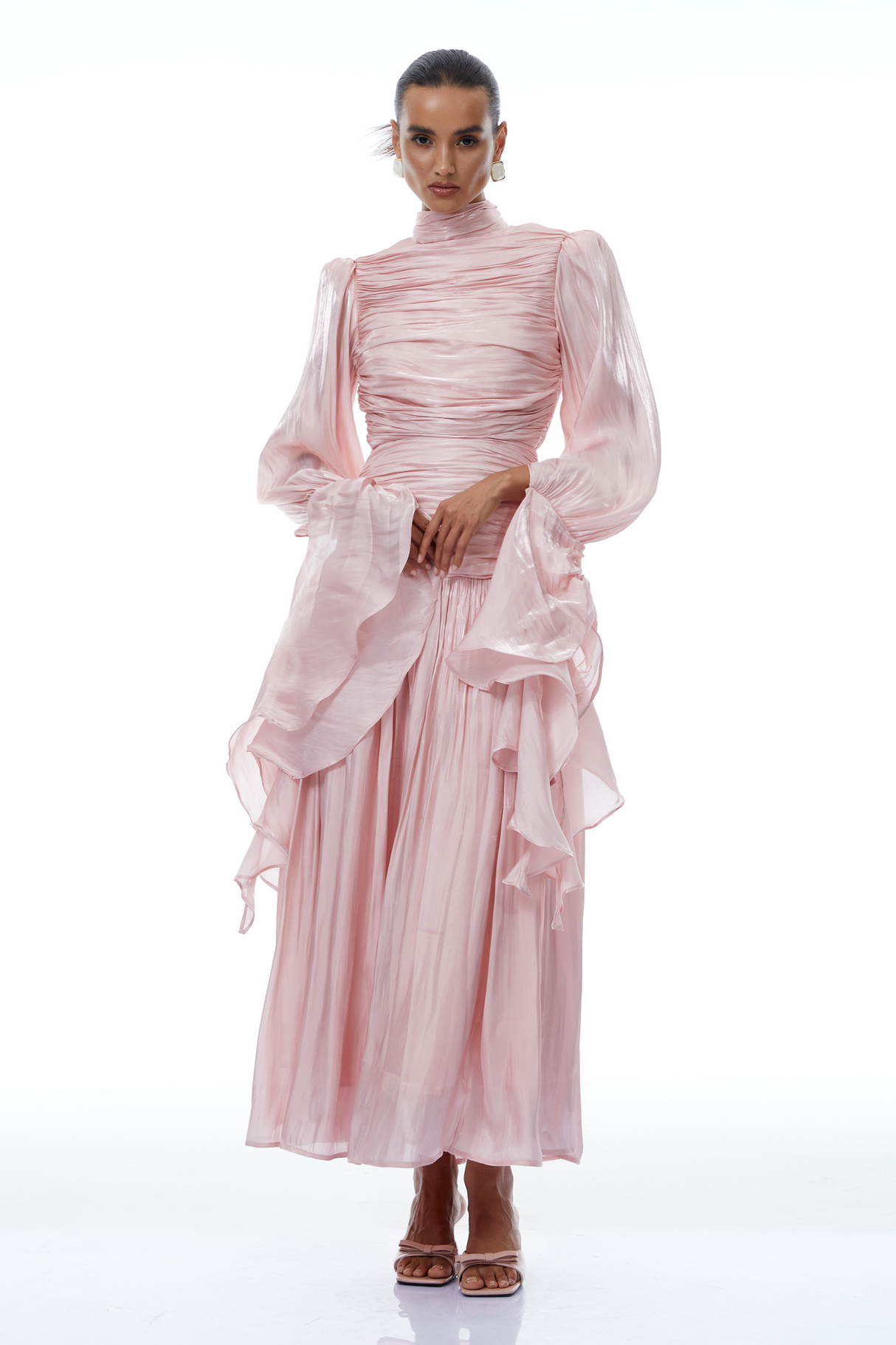 Aurohaya Sarolta Pink Glossy Ruched Maxi Dress