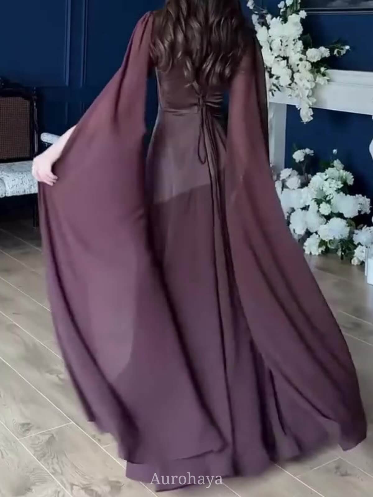 Round Neck Long Split Slit Sleeve Maxi Dress, DES104